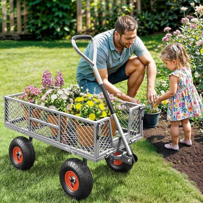 Heavy Duty Garden Cart, 900 lb Steel Wagon with All Terrain Tires | Removable Sides Become Flatbed, 180° Rotating Handle,for Yard, Garden, Hauling - color: 900lb|gray&orange