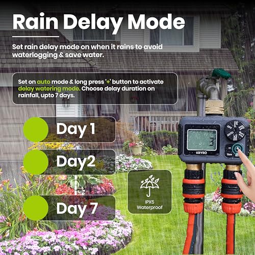 Kryso 2-Zone Sprinkler Timer with Brass Inlet & Outlet – Programmable Garden Hose Water Timer with Rain Delay, Manual & Automatic Irrigation Controller for Yard, Lawn & Outdoor Watering