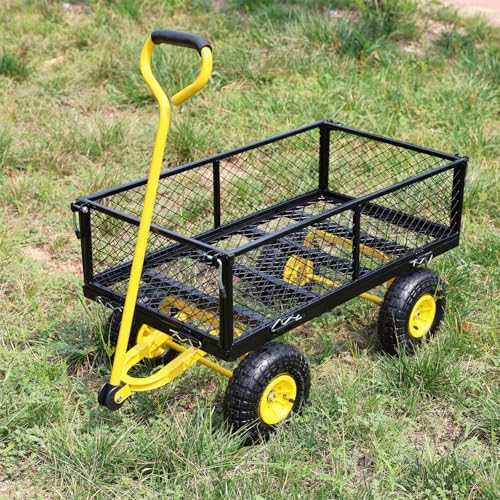 Steel Garden Cart, 2-in-1 600 lbs Heavy Duty Utility Wagon, with Removable Mesh Sides to Convert into Flatbed, 240° U-Turn 10" Pneumatic Tires Garden Wagon for Farm Yard Lawn Garden Camping (Yellow) - color: Yellow