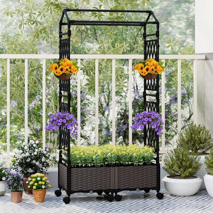 Giantex Planter Boxes with Arch Trellis, 5FT Self-Watering Tall Raised Garden Bed w/Wheels, Hanging Roof & Drainage Holes, Outdoor Indoor Tomato Planter for Climbing Vines Vegetables (61"x16"x64") - size: 61"x16"x64"