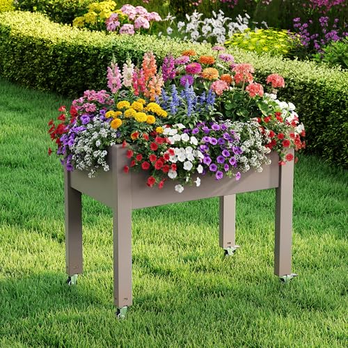 Raised Garden Bed with Wheels, Resin Elevated Planter Box, Brown - color: Medium Grey, size: 26.3" H