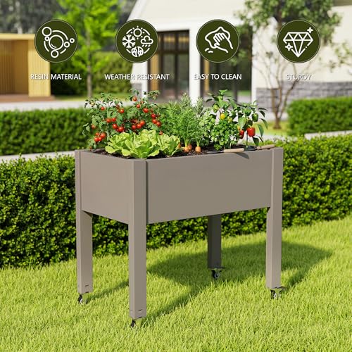 Raised Garden Bed with Wheels, Resin Elevated Planter Box, Brown - color: Medium Grey, size: 26.3" H