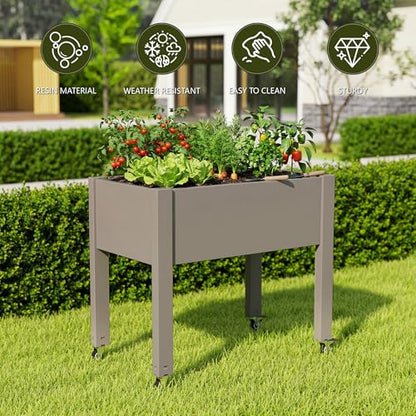 Raised Garden Bed with Wheels, Resin Elevated Planter Box, Brown - color: Medium Grey, size: 26.3" H