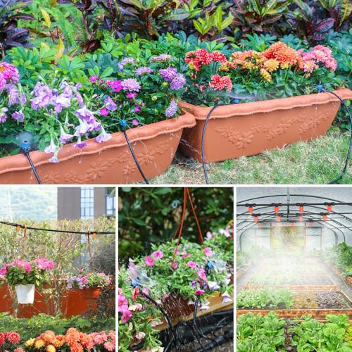 MIXC Greenhouse Micro Drip Irrigation Kit Automatic Irrigation System Patio Misting Plant Watering System with 1/4 inch 1/2 inch Irrigation Tubing Hose Adjustable Nozzle Emitters Barbed Fittings - size: (Upgraded) 26FT Main Tube+75FT 1/4'' Tube