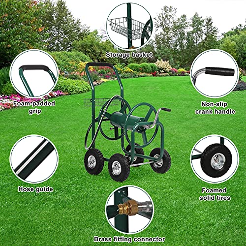 Hose Reel Cart with Wheels, Heavy Duty Portable Garden Hose Carts Outdoor, 4-Wheel Water Hose Truck with Storage Basket for Yard Lawn Planting and Watering