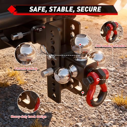 TYT Adjustable 5-in-1 Tri-Ball Hitch Ball Mount for 2-Inch Receiver - size: Adjustable Tri-Ball with Hook & Shackle