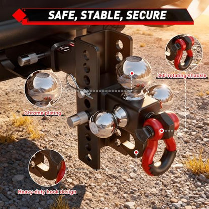 TYT Adjustable 5-in-1 Tri-Ball Hitch Ball Mount for 2-Inch Receiver - size: Adjustable Tri-Ball with Hook & Shackle