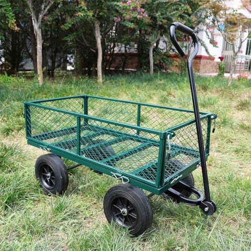1000 lbs Heavy Duty Steel Garden Cart, 2-in-1 Convertible Utility Wagon with Removable Mesh Sides & Flatbed, 10" Solid No-Flat Tires, 180° Rotating T-Handle Yard Cart for Lawn, Farm, Warehouse,Green - color: Green