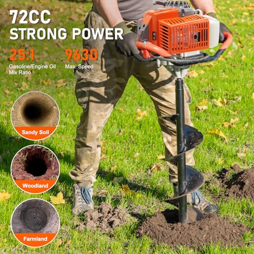 72CC Gas Powered Post Hole Digger with 6 Drill Bits (6", 8") & 1 Ext - style: 72CC+2 auger(6"8")+2 Stroke