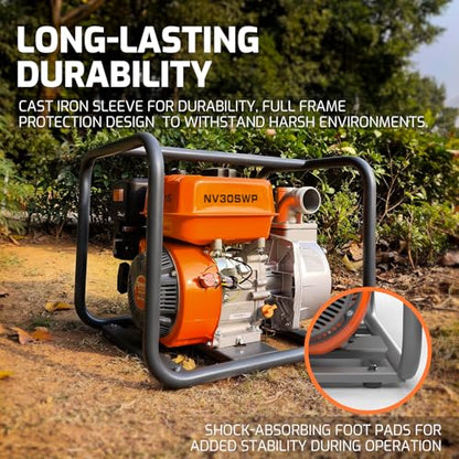 NOVUS Semi Trash Pump 3 Inch, 212cc 4 Cycle Engine, 238 GPM 100ft Lift 23ft Suction, Gas Powered Water Pump for Pond Pool Draining Gardening Irrigation, EPA Certified - size: 3" Semi Trash Pump
