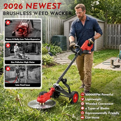 3-in-1 Electric Weed Wacker Cordless, 12″ Brushless Weed Eater Battery Powered with Wheel, 20000 RPM Grass Trimmer/Brush Cutter/String Trimmer, Lawn Mower Edger Weed Trimmer, 6000mAhjong Batteries