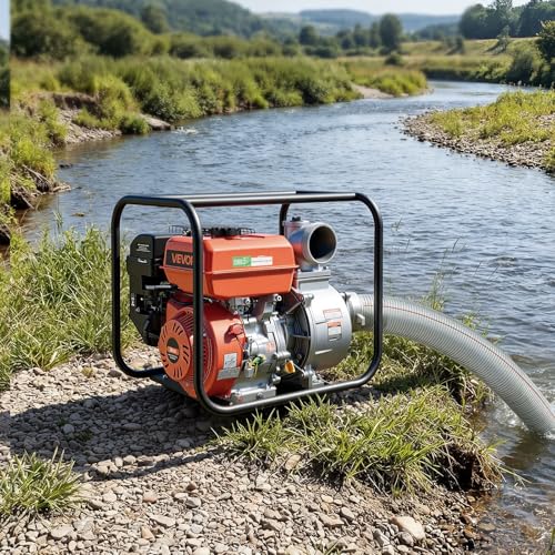 VEVOR Gas Powered Water Pump, 4 in, 422 GPM 8.3HP Semi Trash Water Transfer Pump Portable, Gasoline Engine with 25 ft Discharge Hose, Heavy Duty Frame, Cast Iron Impeller, for Irrigation, Ponds, Pools - size: 4in 8.3 HP 422GPM