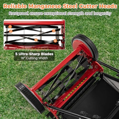 16" Manual Rear Mower, Push Lawn Mower with 5 Steel Blades, Adjustable Cutting Heights & Grass Catcher Bag, Walk-Behind Grass Cutter Lawn Sweeper for Garden, Park & Yard (Red) - color: Red, size: 16"