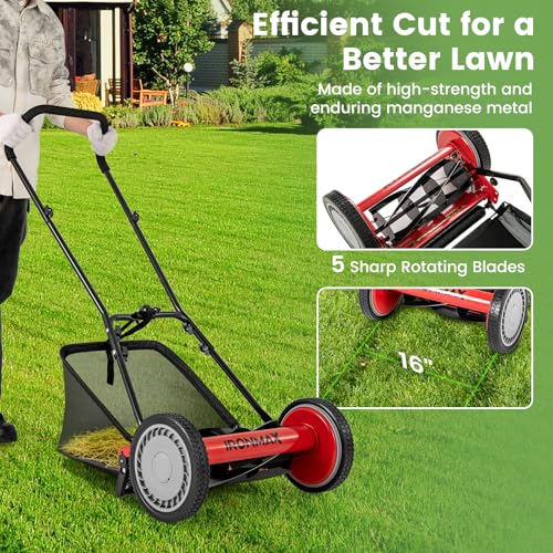 IRONMAX 16 Inch 5-Blade Push Reel Mower, Removable Grass Catcher, Red - color: Red, size: 16 Inch