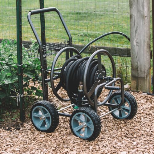 Backyard Expressions 4‑Wheel Garden Hose Reel Cart with Storage Basket, Hand‑Crank Rewind, Rust‑Resistant Hammertone Gray Finish, Brass Connectors - style: 2026 4 Wheel