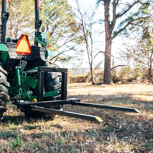 Titan Attachments 3 Point Pallet Fork Frame, Cat 1 Quick Hitch Compatible, 28"-45" Adjustable Fork Width, 1,500 LB Capacity, 3/8" Tow Hook Included