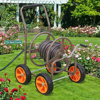 250FT Garden Hose Reel Cart, 10" NO-FLAT Tires,5/8 in, Steel Frame - color: Brown