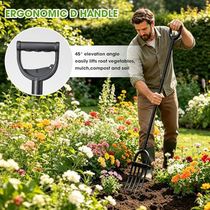 Broad Fork Garden Tool, 50" Heavy Duty Broadfork Hand Tiller with Double 5 Sharp Tines, Garden Pitchfork with Ergonomic D-Shaped Handle, Spading Diggi - size: Broad Fork 50Inch