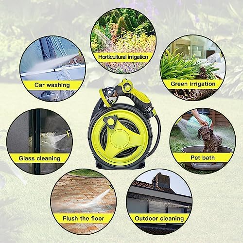 YASHINE 50ft Retractable Garden Hose Reel, Portable Hose Reel, 45+5FT with 10 Patterns Spray Nozzle, Adapts to standard US hose plugs, Hose Reel for Garden Watering Car Washing Pet -Green