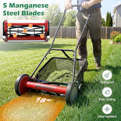 IRONMAX 18 Inch 5-Blade Push Reel Mower, Removable Grass Catcher, Red - color: Red, size: 18 Inch