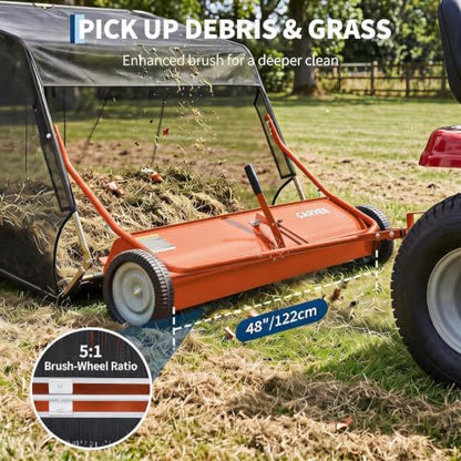 Garvee 48" Lawn Sweeper Tow Behind with 15.89 Cu. ft. Hopper - color: Orange, size: 48 Inch