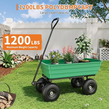 Heavy Duty Garden Dump Cart 1200lb Capacity, 6 Cu.Ft Steel Frame & Polypropylene Yard Wagon with 180° Pivoting Handle, All Terrain Wheels for Farm, Gardening and Outdoor Work
