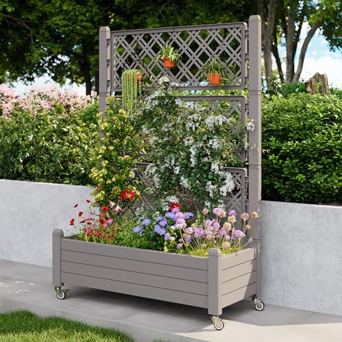 Trellis Raised Garden Bed, Self-Watering Planter Box, Gary - color: Gray, size: 61.2" H