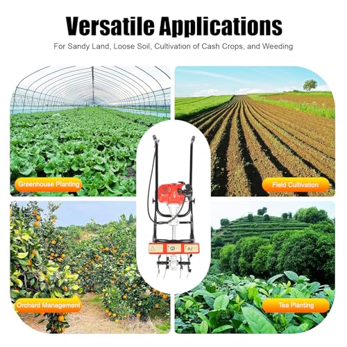 52CC 1900W Gas Powered Tiller, 2-Stroke Mini Hand Tiller with 14.17in Width, 6500-7000RPM Garden Cultivator for Soil Cultivation, Weed Removal, Small Farm, Backyard, Rotary Tiller