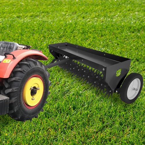Heavy-Duty 40-Inch Tow-Behind Spike Aerator for Lawn, Garden, and Farm – Galvanized Steel Tines, Adjustable Handle, Transport Wheels, Weight Tray – Soil Aeration & Weed Removal, Black - color: Black