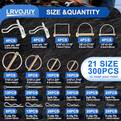 300PCS Heavy Duty Pin Assortment Kit, Tractor Linch Pins Hitch Pins PTO Pins R Clips Cotter Pins Hair Pins Square Pins for Trailers, Trucks, Lawn Mowers, Farm & Garden Equipment - size: 300Pcs - 21 Sizes