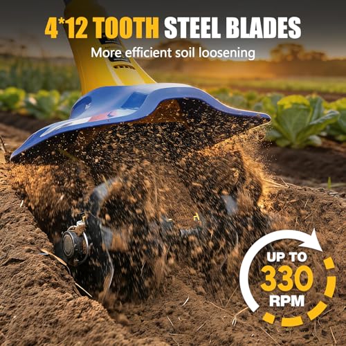 Electric Tiller for Gardening Compatible with Dewalt 20V Battery(Tool Only),330RPM Garden Tiller with 48 Steel Tines,9'' Tilling Width & 6.5'' Depth Rototillers for Lawn/Soil Cultivation - color: Yellow