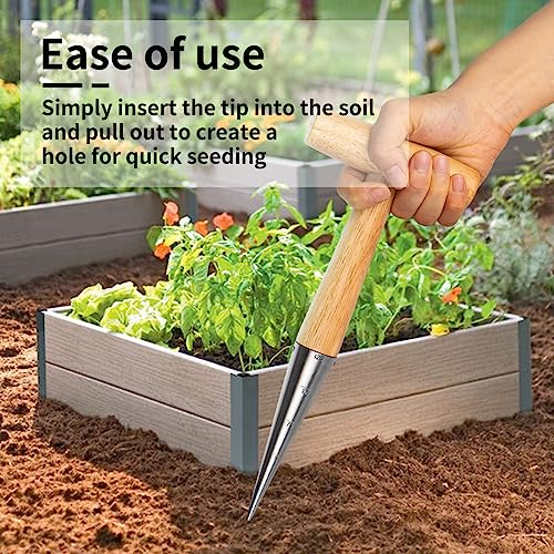 FLORA GUARD Garden Dibber Tool, Steel Seed Planter with Wood Handle