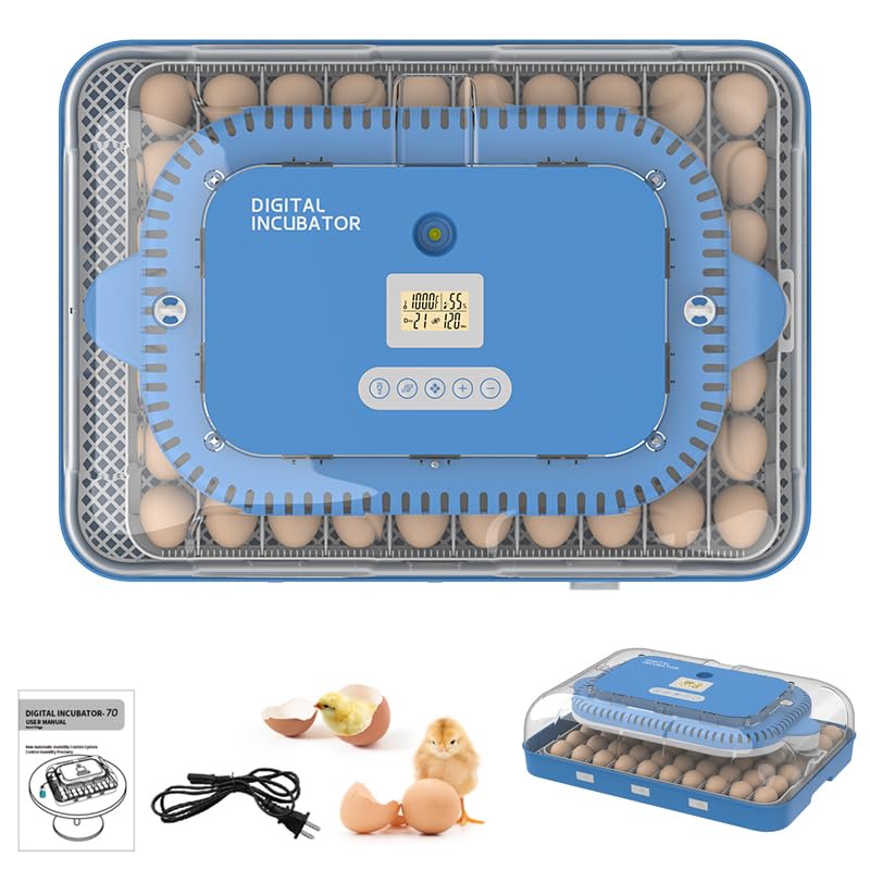70 Egg Incubator for Hatching Eggs withAuto Turn, Temp & Humidity Control, Built-in CandleLarge Capacity Egg Incubator for Chicken Duck Goose Eggs
