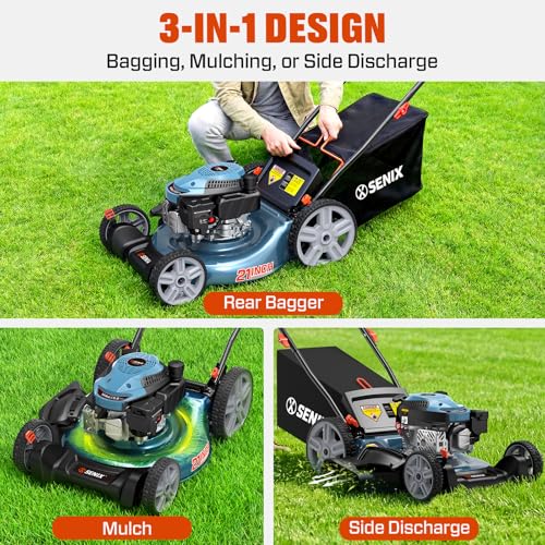 SENIX LSPG-M14 21-inch 144cc Gas Lawn Mower, 46cc 15-inch Gas Powered Tiller Cultivator Kit