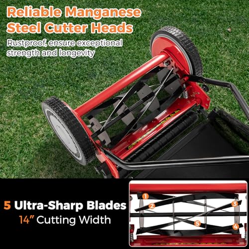 Push Lawn Mower, 14" Manual Rear Mower with 5 Steel Blades, Adjustable Cutting Heights & Grass Catcher Bag, Walk-Behind Grass Cutter Lawn Sweeper for Garden, Park & Yard (Red) - color: Red, size: 14"