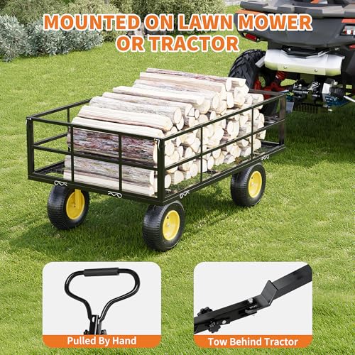 Heavy Duty Steel Garden Wagon Cart - 1400 lbs Load - 3-in-1 Utility Yard Trailer - 13" All-Terrain Tires - Removable Mesh Sides - 180° Rotating Handle - Collapsible for Outdoor, Lawn, Farm - size: 1400 LBS Black