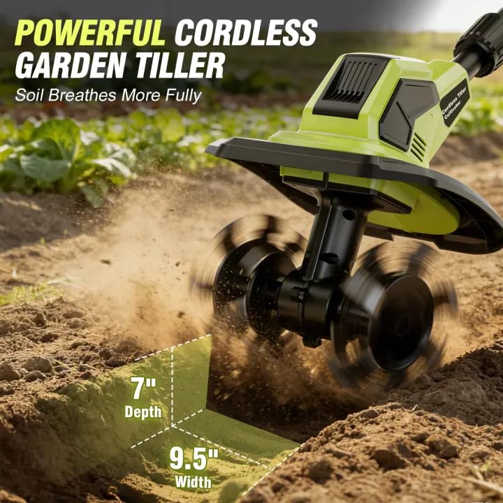 Cordless Tiller Cultivator, 21V Lightweight Tiller forGardening with 2 * Batteries, Brushless Electric Tiller with48 Steel Tines, 400RPM, 9.5" Tilling Width, 7" Depth forGardening, Soil Turning