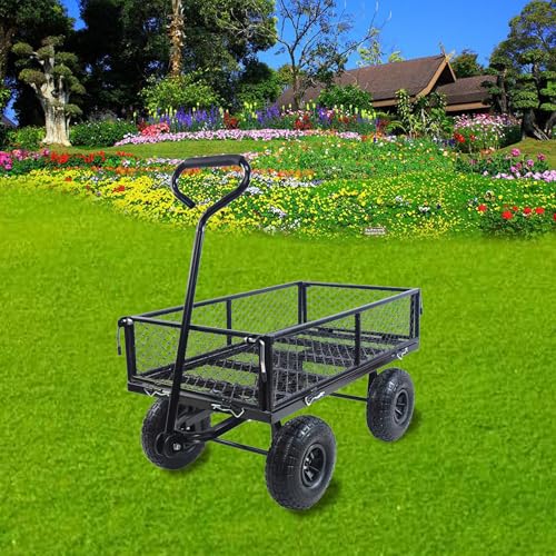 Wagon With Removable Sides for Farms, Warehouses - Garden Dump Cart With Air Wheels (Black) - Essential for Your Dream Garden - color: Black Air Wheels