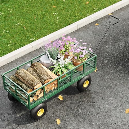 Garden Dump Cart with Removable Sidewalls, 900 LBS Heavy Duty Steel Dump Wagon with 180° Swivel Handle & 10-inch Tires, Yard Cart Utility Wheelbarrow for Backyard Farm, Green