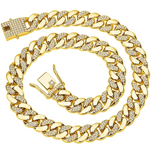 JUNVirtuous Cuban Link Chain Mens Iced Out Miami Cuban Necklace Silver/Gold Bling Diamond Hip Hop Jewelry for Women - color: 18 inch Gold Necklace Style 2