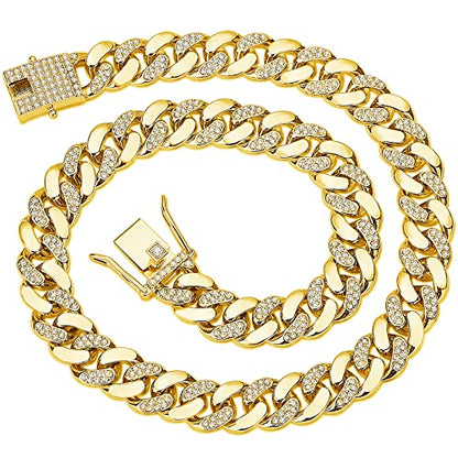 JUNVirtuous Cuban Link Chain Mens Iced Out Miami Cuban Necklace Silver/Gold Bling Diamond Hip Hop Jewelry for Women - color: 18 inch Gold Necklace Style 2