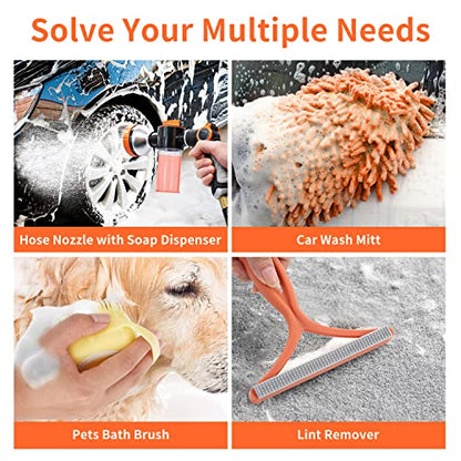 Garden Hose Nozzle,8 Patterns Hose Sprayer High Pressure,Heavy Duty Dog Wash,Metal Water Hose Nozzle with Soap Dispenser,Car Wash Foam Gun With Pets Things - color: Orange