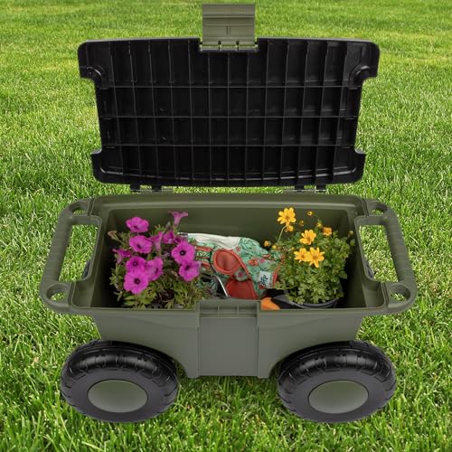 Pure Garden Rolling Garden Cart with Seat, Green - color: Green