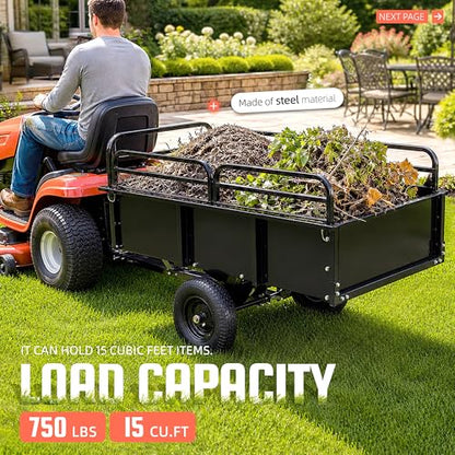 ALMULOO Heavy Duty Trailer Dump Cart Universal 750LBS 15 Cu.Ft Tow Behind