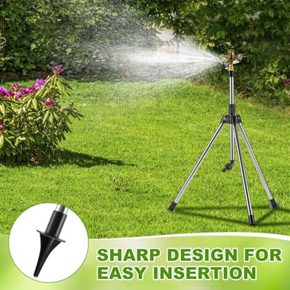 Funnymoom 4 Pcs Lawn Sprinklers for Yard Impact Sprinkler Head on Tripod Base Brass Head 1/2 Inch Zinc Impact Sprinkler Rotating Adjustable Metal Tripod in 18-36-inch Heavy Duty for Large Garden