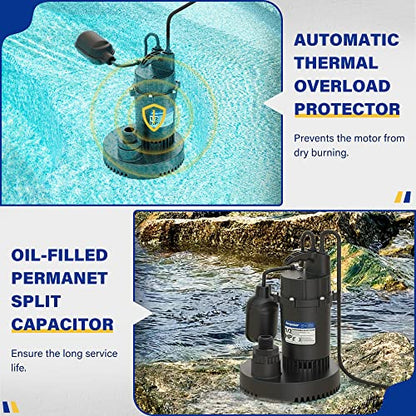 Acquaer 1/2HP Submersible Sump Pump 4060GPH Clean/Dirty Water Pump - size: 1/2HP 4060GPH
