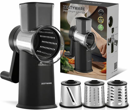 Rotary Cheese Grater Hand Crank with Foldable Handle, Three Blades - color: Black