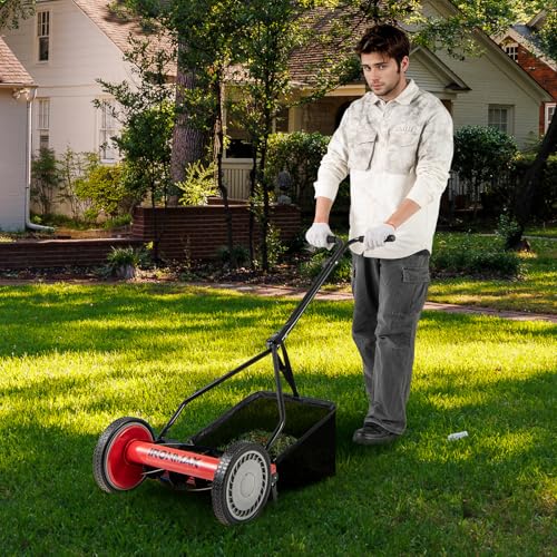 IRONMAX 14 Inch 5-Blade Push Reel Mower, Removable Grass Catcher, Red - color: Red, size: 14 Inch