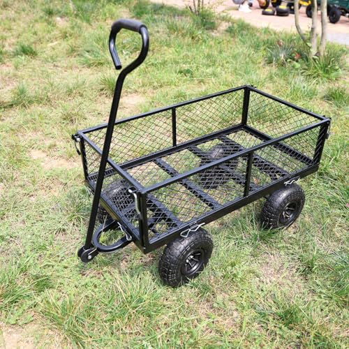 Wagon With Removable Sides for Farms, Warehouses - Garden Dump Cart With Air Wheels (Black) - Essential for Your Dream Garden - color: Black Air Wheels