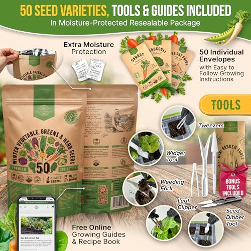 50 Winter Vegetable Garden Seeds Variety Pack - 43,450+ Non-GMO Heirloom Seeds for Outdoors & Indoor Home Gardening, Including Kohlrabi, Lettuce, Radish, Onion, Choy, Spinach, Cauliflower, Collards